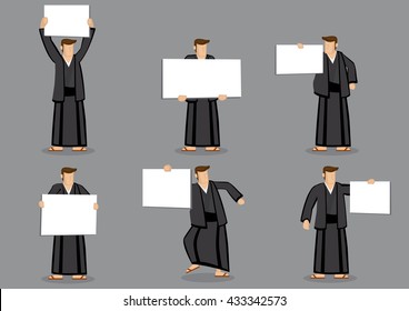 Set of six vector cartoon character illustrations of Japanese man wearing traditional costume and holding blank placard sign isolated on plain grey background.