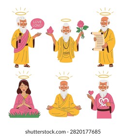 Set of six vector cartoon characters depicting spiritual gurus and holy figures with halos, including elderly men and a woman in meditation poses with flowers, scrolls, and hearts.