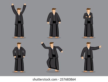 Set of six vector cartoon illustration of a Japanese man wearing black yukata and slippers in different poses and gestures isolated on grey background.