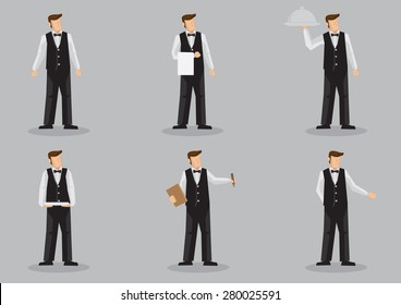 Set of six vector cartoon illustration of waiter character isolated on grey background.
