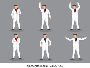 Set of six vector cartoon illustration of flamboyant man in stylish white suit and red necktie posing in various gestures isolated on grey background.