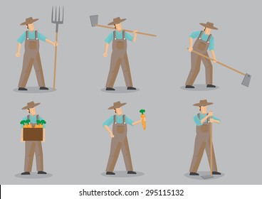 Set of six vector cartoon illustration of farmer wearing straw hat and overall using garden tools for various agriculture activities isolated on grey background.