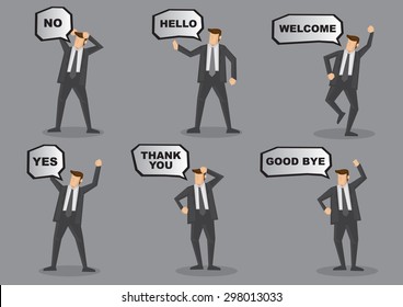 Set of six vector cartoon illustration of businessman in suit with speech balloon and animated body language and gestures isolated on grey background.