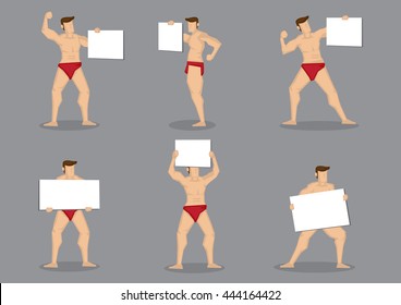 Set of six vector cartoon illustration of male body builder character in hot red briefs holding blank placard sign isolated on grey background. 