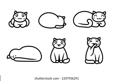 Set of six vector cats in kawaii style. Isolated outline