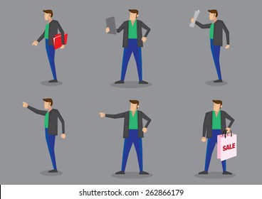 Set of six vector character of a modern man wearing stylish green shirt, blue trousers and black jacket standing in different poses and gestures isolated on plain grey background.