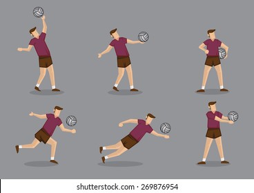 Set of six vector character of volley ball players playing volleyball isolated on grey background.