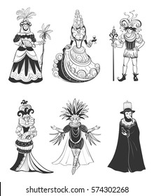 Set of six vector characters. Venetian ladies and men in carnival costumes. . Black and white sketches isolated