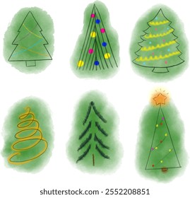 A set of six vector Christmas trees, each with unique designs and soft, hand-drawn, watercolor-style effects. Ideal for holiday cards, festive projects, or seasonal decorations