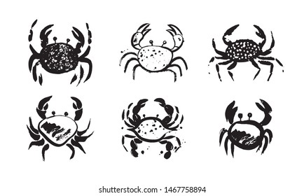 Set of six vector crab. Hand painted black ink illustration isolated on white. Sea life collection in trendy doodle cartoon sketch style with splashes 