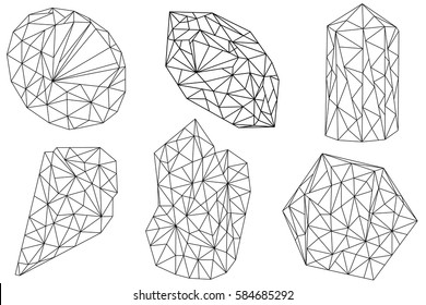 Set of six vector crystals isolated on white background made in linear low-poly style.
