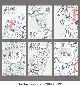 Set of six vector designs of hand-drawn arrow. Cover design, brochures, leaflets, business cards, magazine, flyers, leaflets, stickers.