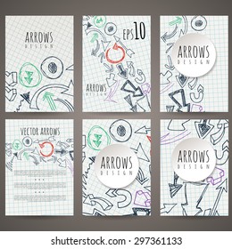 Set of six vector designs of hand-drawn arrows. Cover design, brochures, leaflets, business cards, magazine, flyers, leaflets, stickers.