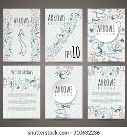 Set of six vector designs of hand-drawn arrow. Cover design, brochures, leaflets, business cards, magazine, flyers, leaflets, stickers. EPS10