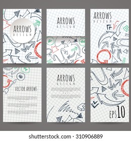 Set of six vector designs of hand-drawn arrow. Cover design, brochures, leaflets, business cards, magazine, flyers, leaflets, stickers. EPS10