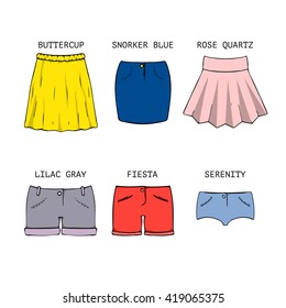 Set of six vector elements of woman clothes: three skirts and three shorts