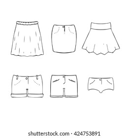 Set of six vector elements of woman clothes: three skirts and three shorts