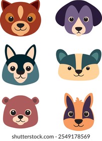 Set of six vector faces of cute cartoon animals.