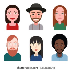 Set of six vector flat avatar portraits. Male and female characters. Hipsters People