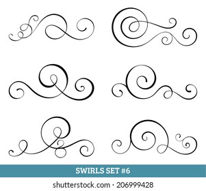 Set Of Six Vector Flourish Swirls. Simple Black Contours On White.