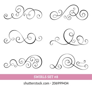 Set Of Six Vector Flourish Swirls. Simple Black Contours On White.