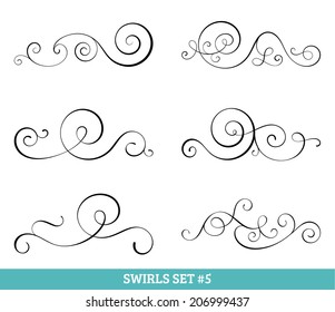 Set of six vector flourish swirls. Simple black contours on white.