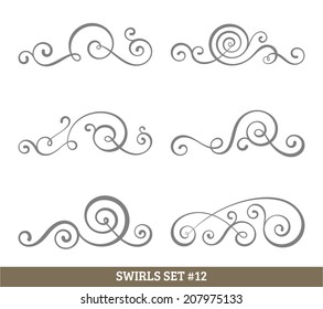 Set of six vector flourish swirls. Simple black contours on white.