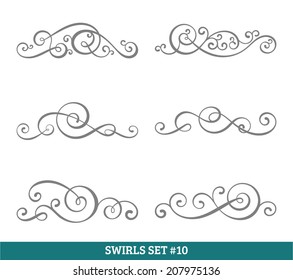 Set of six vector flourish swirls. Simple black contours on white.