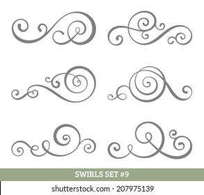 Set of six vector flourish swirls. Simple black contours on white.