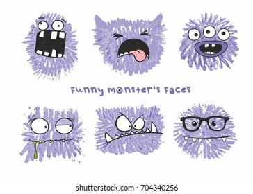 Set of six vector funny crazy monsters heads with different emotions on their faces. Sketch illustration drawn with colored crayons