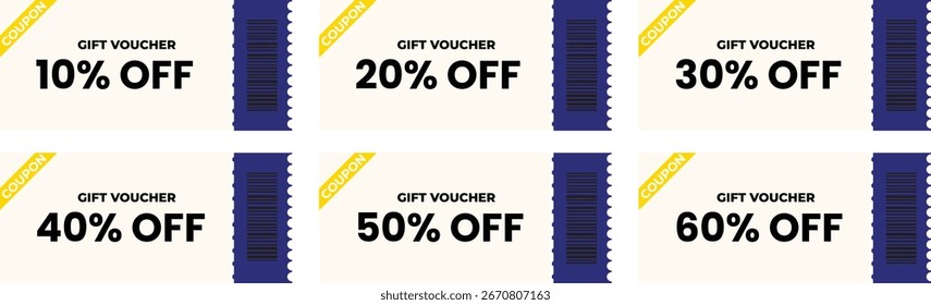 Un conjunto de seis Plantillas de vales de regalo de Vector que ofrecen descuentos del 10%, 20%, 30%, 40%, 50% y 60% de descuento, con un moderno diseño azul y crema con secciones desgarradoras.	