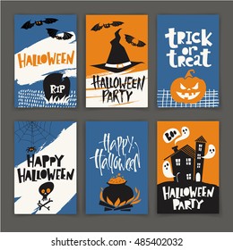 Set of six vector Halloween poster designs with halloween symbols and calligraphy. Cartoon style halloween card. Party invitation design. 