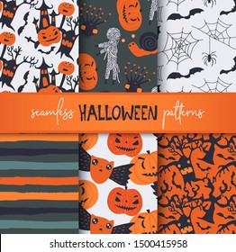 Set of six vector Halloween seamless patterns with cute cartoon characters and simbols. Endless texture for web page background, wrapping paper and etc.