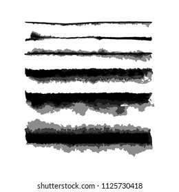 Set of six vector hand created watercolor wet edge brushes with transparency gradations of one color. There are all of them on brushes panel.