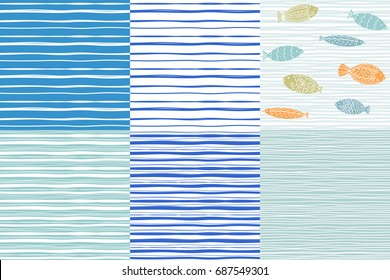 Set of six vector hand drawn blue ocean wavy lines background. Abstract seamless sea waves, curved lines, fishes pattern.