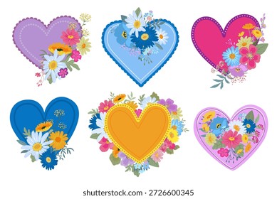 Conjunto de seis tarjetas de felicitación de Vector Feliz Día de San Valentín. Corazones coloridos con flores de prado. Colección romántica de la etiqueta engomada