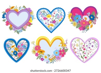 Conjunto de seis tarjetas de felicitación de Vector Feliz Día de San Valentín. Corazones coloridos con flores de prado. Colección romántica de la etiqueta engomada