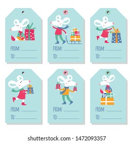 Set of six vector holiday Christmas tags with cartoon characters stock illustration.