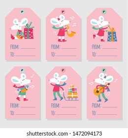 Set of six vector holiday Christmas tags with cartoon characters stock illustration.