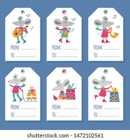 Set of six vector holiday Christmas tags with cartoon characters stock illustration.