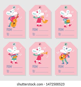 Set of six vector holiday Christmas tags with cartoon characters stock illustration.
