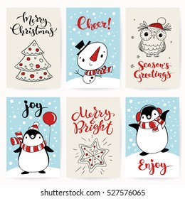 Set of six vector holiday Christmas greeting cards with cartoon characters penguin, owl, snowman and holiday calligraphy. Kids line illustrations for holidays. Kids room decor. 