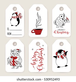 Set of six vector holiday Christmas tags with cartoon characters penguin, owl and holiday calligraphy.