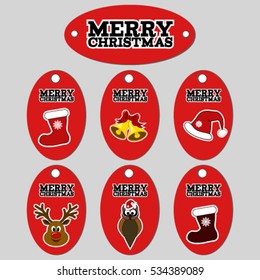 Set of six vector holiday Christmas tags. Stickers. Card with red hat, christmas stocking, jingle bells, deer.