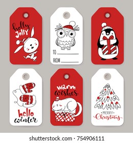 Set of six vector holiday Christmas tags with cartoon characters rabbit, penguin, owl and cat and holiday calligraphy. 