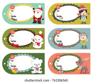 Set of six vector holiday Christmas tags with cartoon characters, Santa Claus, Reindeer, Girl, Boy, Polar Bear, Snowman