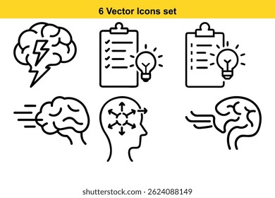 Conjunto de seis iconos vectoriales que representan la actividad cerebral, ideas, listas de verificación y procesos mentales. Perfecto para presentaciones, Sitios web y App.