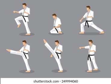 Conjunto de seis íconos vectoriales de caricaturista de cuerpo completo en vista lateral interpretando movimientos de artes marciales aislados en fondo gris. Aplicable a Karate y Taekwondo.