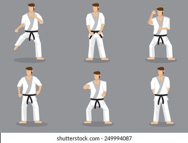 Set of six vector icons of full body cartoon man practicing basic karate moves isolated on grey background.