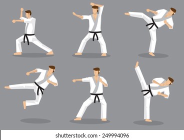 Set of six vector icons of full body cartoon man doing powerful kicks and punches isolated on grey background. Applicable to Karate and Taekwondo.